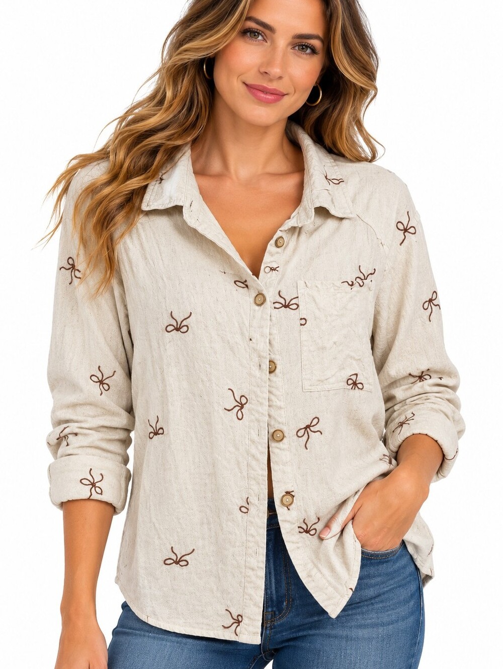 Umgee Linen Blend Embroidered Bow Button-Down Shirt Shacket Small